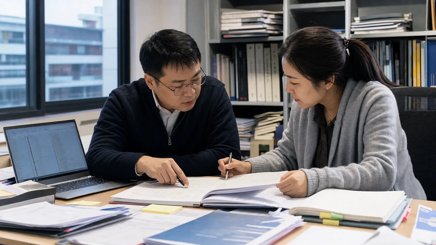 场景图:业务专家与实施人员在真实会议室整理制度、产品资料和流程文件,把分散经验变成可调用的企业知识
