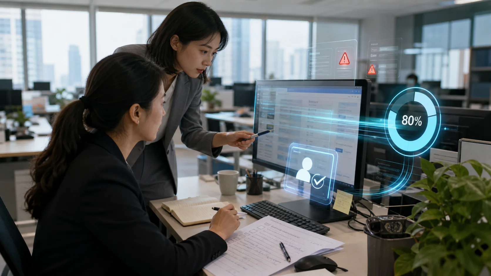 氛围：业务负责人和同事在真实办公室审核 AI 方案，虚拟评分与风险节点辅助呈现