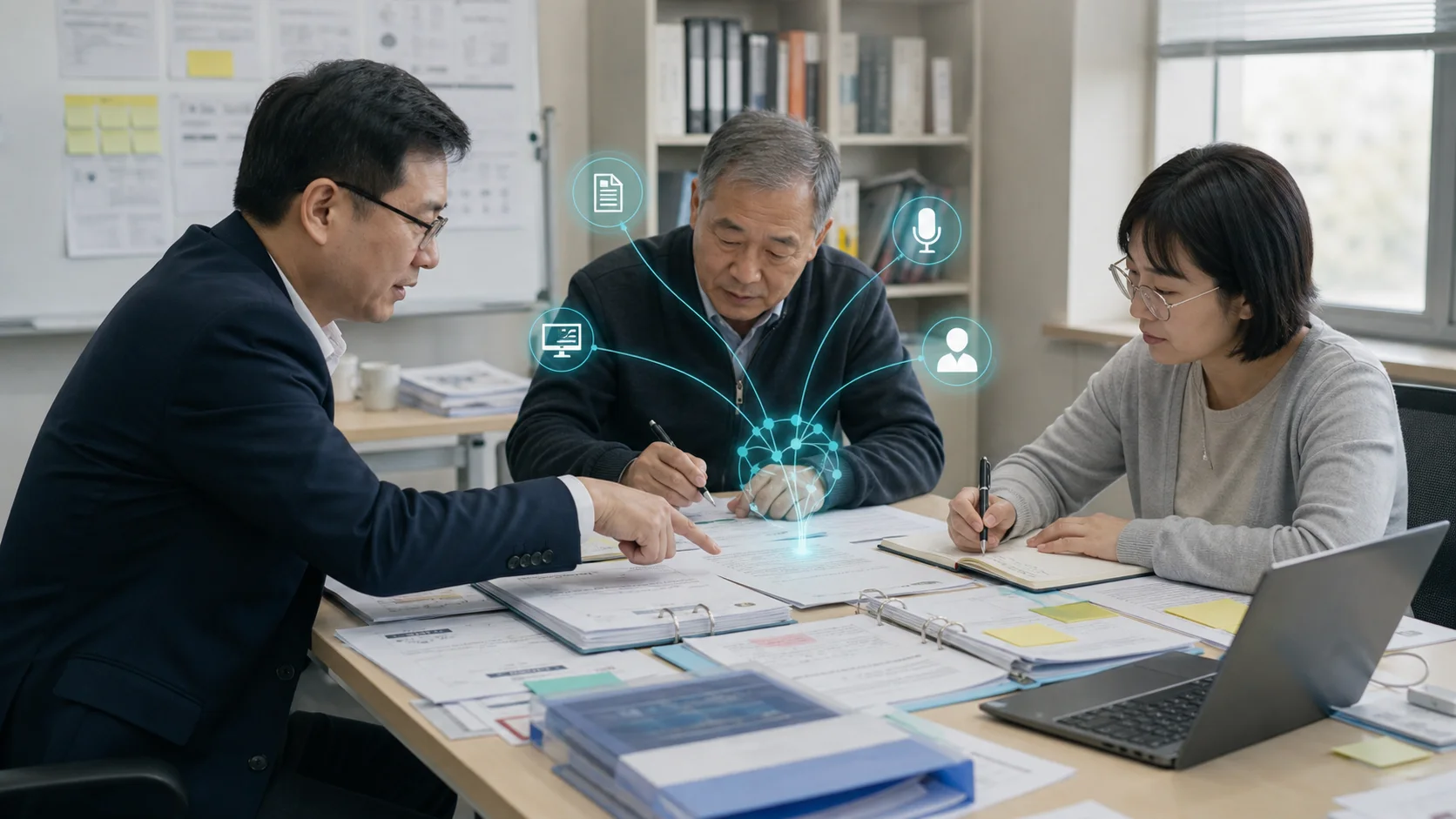 氛围：知识管理员与业务专家整理文档和会议记录，轻量知识网络把资料、语音、系统状态与记忆连接起来